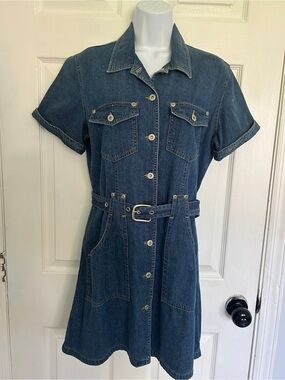 Liz Claiborne Dark Blue Denim Short-Sleeve Shirt Dress with Belt